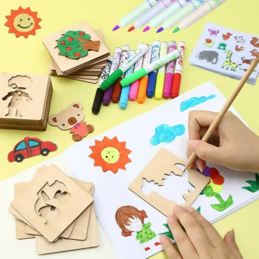 24Pcs Kids Montessori Drawing Toys Wooden DIY Painting Template