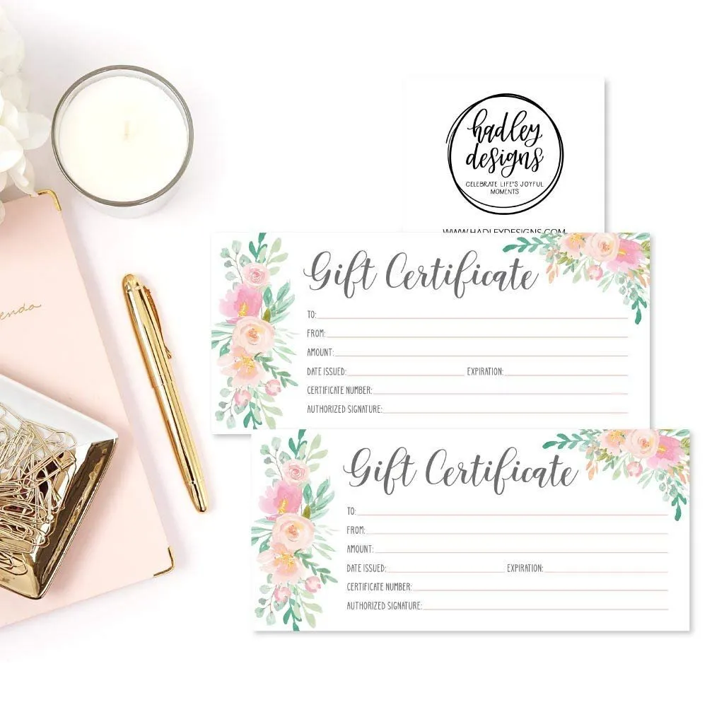 25 4x9 Floral Blank Gift Certificate Cards Vouchers for Holiday, Christmas, Birthday Holder, Small Business, Restaurant, Spa Beauty Makeup Hair Salon, Wedding Bridal, Baby Shower Cash Money Printable