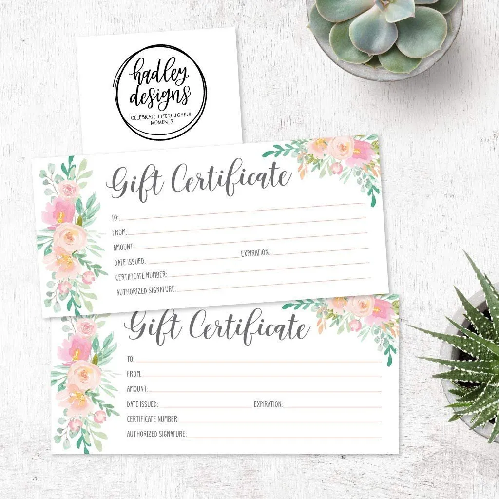 25 4x9 Floral Blank Gift Certificate Cards Vouchers for Holiday, Christmas, Birthday Holder, Small Business, Restaurant, Spa Beauty Makeup Hair Salon, Wedding Bridal, Baby Shower Cash Money Printable