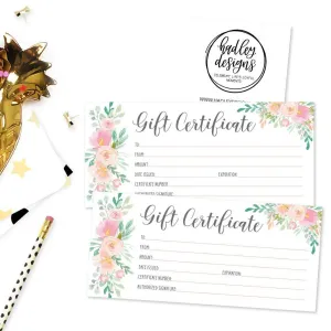 25 4x9 Floral Blank Gift Certificate Cards Vouchers for Holiday, Christmas, Birthday Holder, Small Business, Restaurant, Spa Beauty Makeup Hair Salon, Wedding Bridal, Baby Shower Cash Money Printable