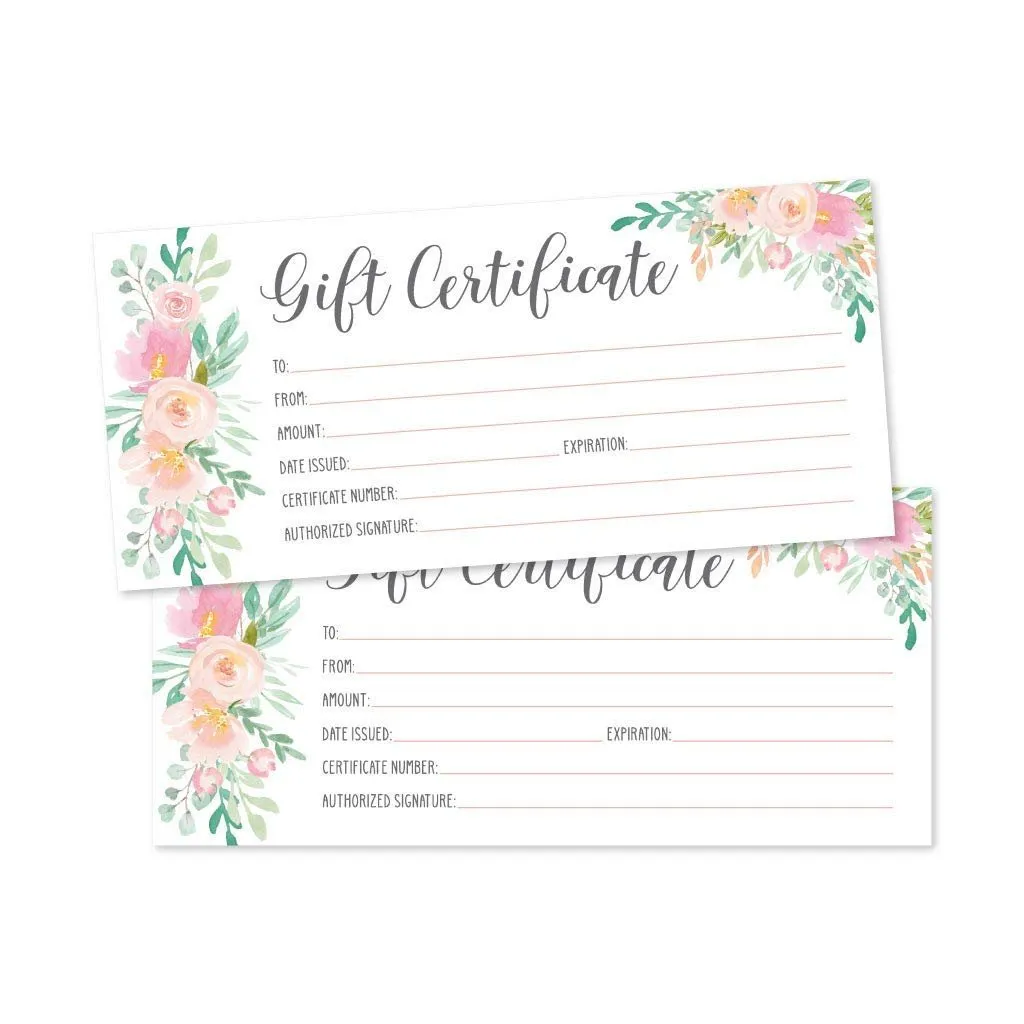 25 4x9 Floral Blank Gift Certificate Cards Vouchers for Holiday, Christmas, Birthday Holder, Small Business, Restaurant, Spa Beauty Makeup Hair Salon, Wedding Bridal, Baby Shower Cash Money Printable