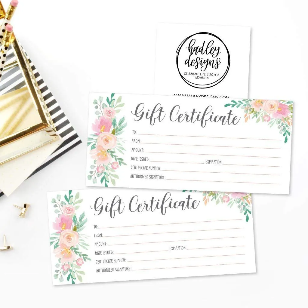 25 4x9 Floral Blank Gift Certificate Cards Vouchers for Holiday, Christmas, Birthday Holder, Small Business, Restaurant, Spa Beauty Makeup Hair Salon, Wedding Bridal, Baby Shower Cash Money Printable