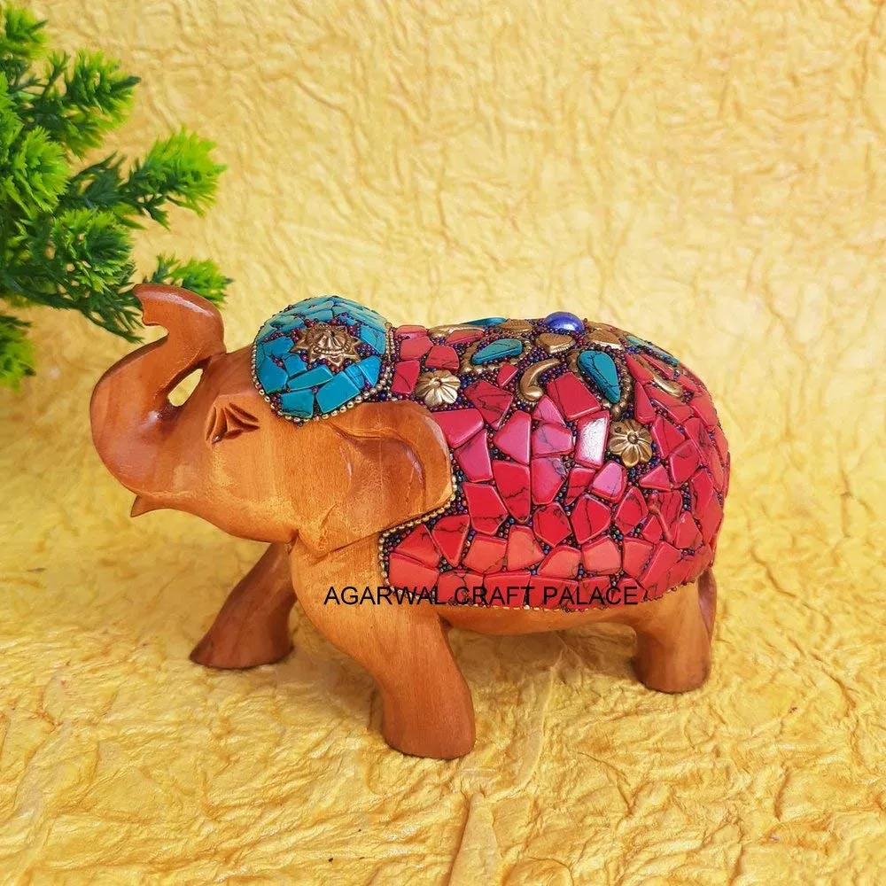 Agarwal Craft Palace Wooden Handmade Elephant Up Trunk Statue with Stone Studded Work, Gifts, Living Room Office Decoration, Wooden Elephant showpiece, Hathi showpiece, handicrafts (4x5 Inches)