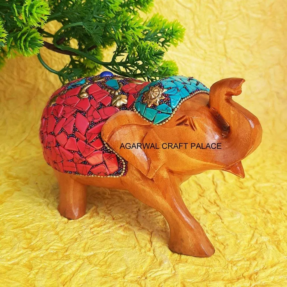 Agarwal Craft Palace Wooden Handmade Elephant Up Trunk Statue with Stone Studded Work, Gifts, Living Room Office Decoration, Wooden Elephant showpiece, Hathi showpiece, handicrafts (4x5 Inches)