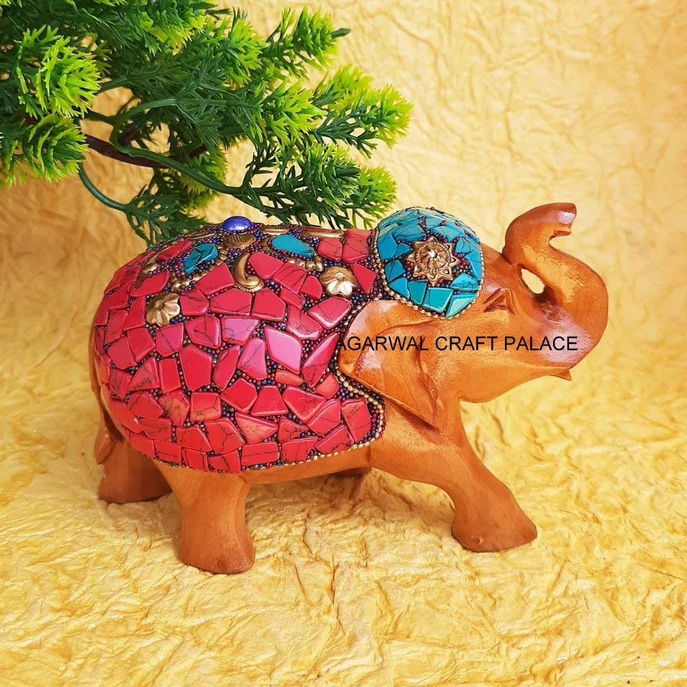 Agarwal Craft Palace Wooden Handmade Elephant Up Trunk Statue with Stone Studded Work, Gifts, Living Room Office Decoration, Wooden Elephant showpiece, Hathi showpiece, handicrafts (4x5 Inches)