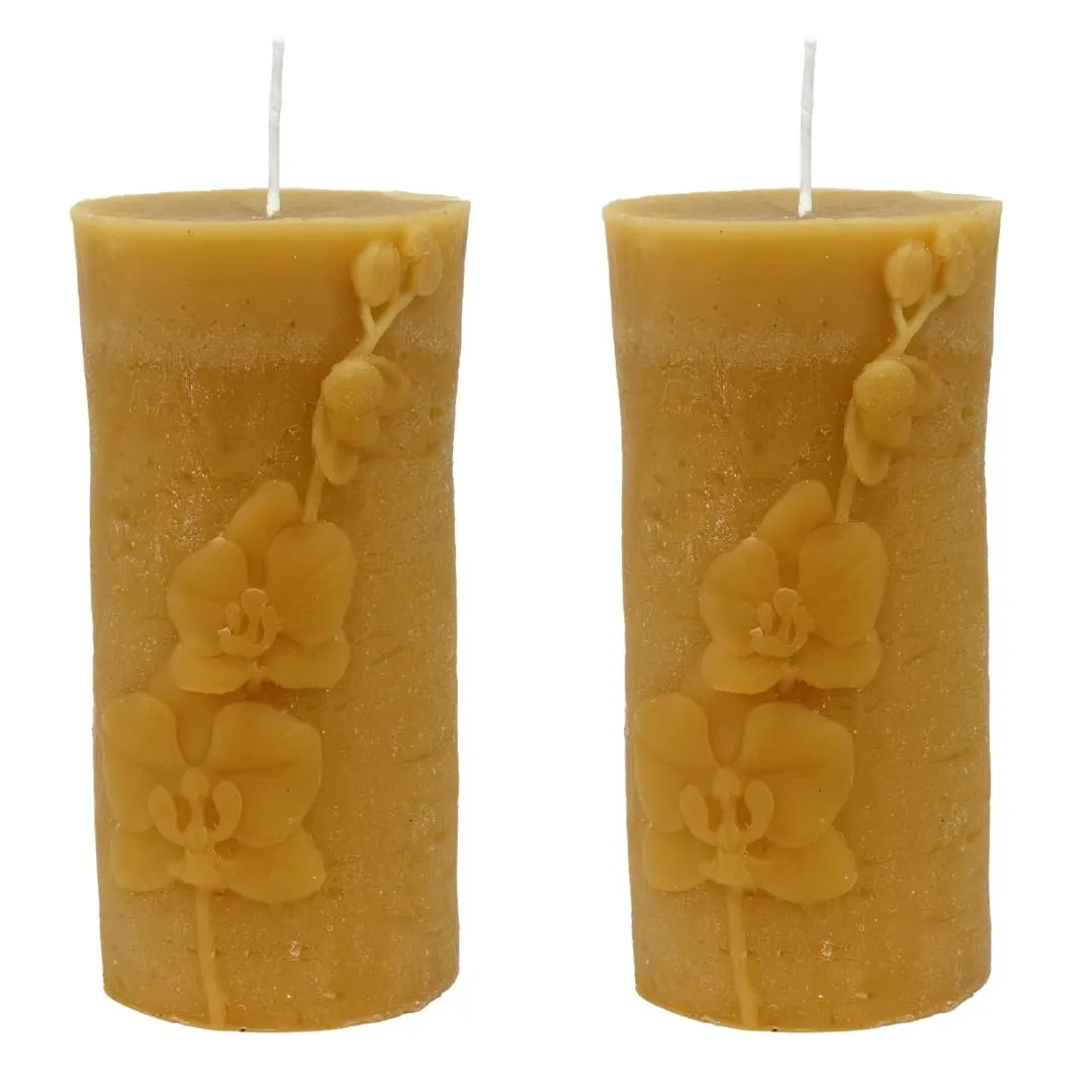 ANP BEE® 100% Natural Beeswax Pillar Candle with Flower Texture I Hand Made, Smokeless, Unscented I Candles for Home Decor I 25 Hrs Burn Time I 2.5 x 5.5 Inch Golden Yellow (Pack of 2)