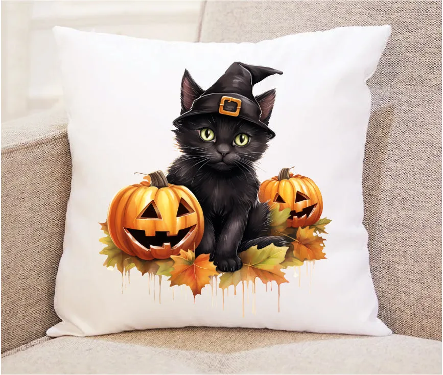 Black Cat Pumpkin Fall Throw Pillow