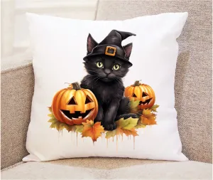 Black Cat Pumpkin Fall Throw Pillow