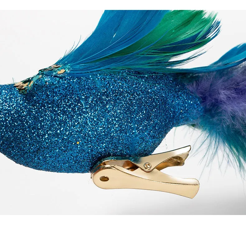 Bulk Artificial Long Tail Blue Peacocks Ornaments Christmas Hanging Ornaments Wholesale