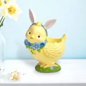 December Diamonds Blue Butterfly Garden Chick With Bunny Ears Planter Figurine