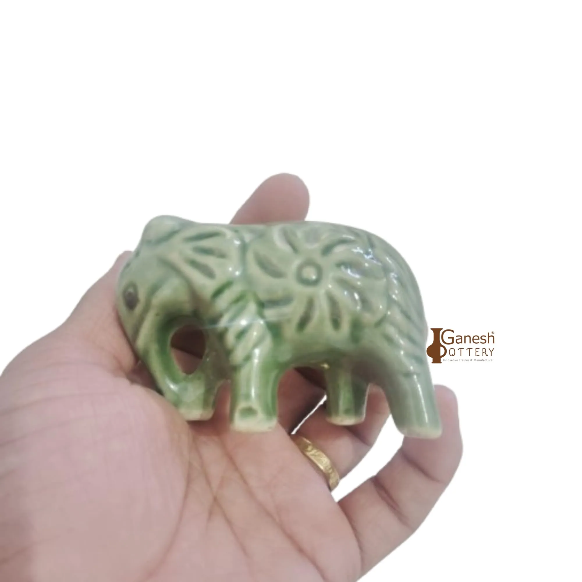 Ganesh Pottery Ceramic Clay mitti Elephant/Hathi for Showpiece Idols for Home Decor and Gift Mutlipurpose, Miniature Elephant (8cm, Green)