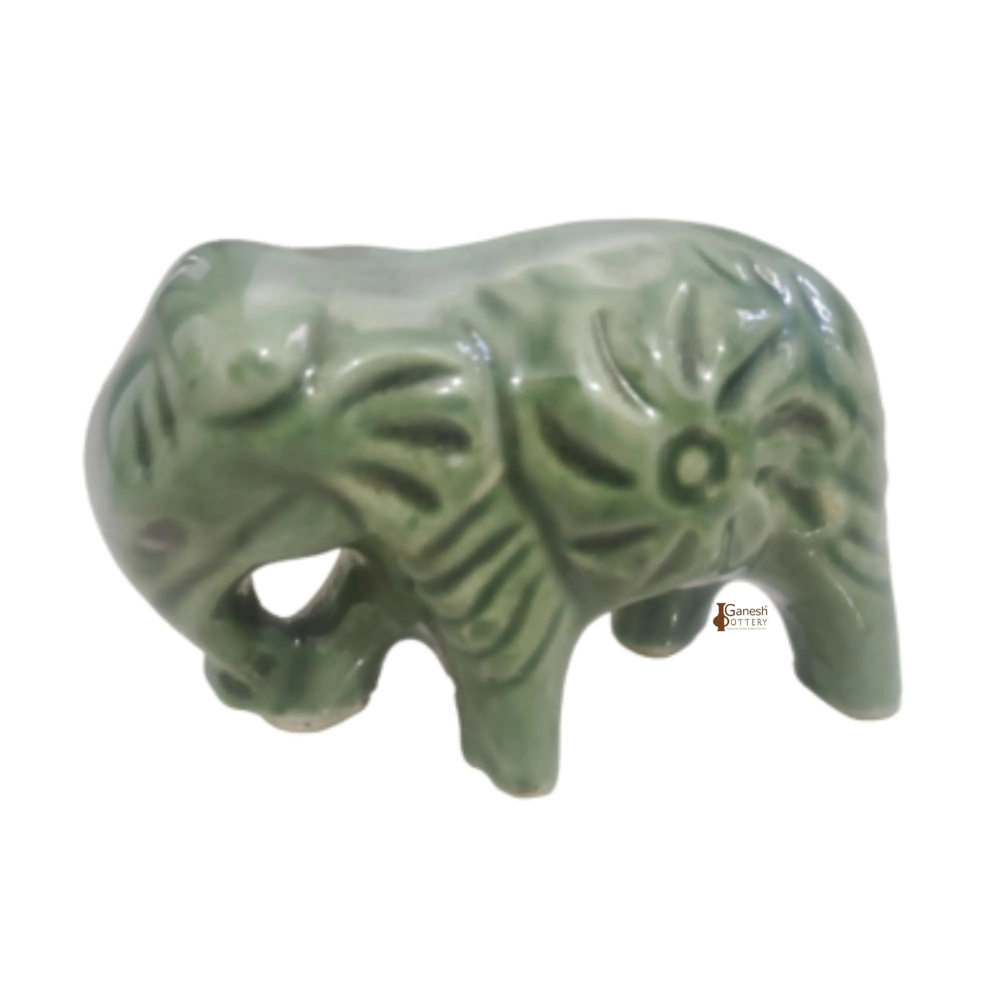 Ganesh Pottery Ceramic Clay mitti Elephant/Hathi for Showpiece Idols for Home Decor and Gift Mutlipurpose, Miniature Elephant (8cm, Green)