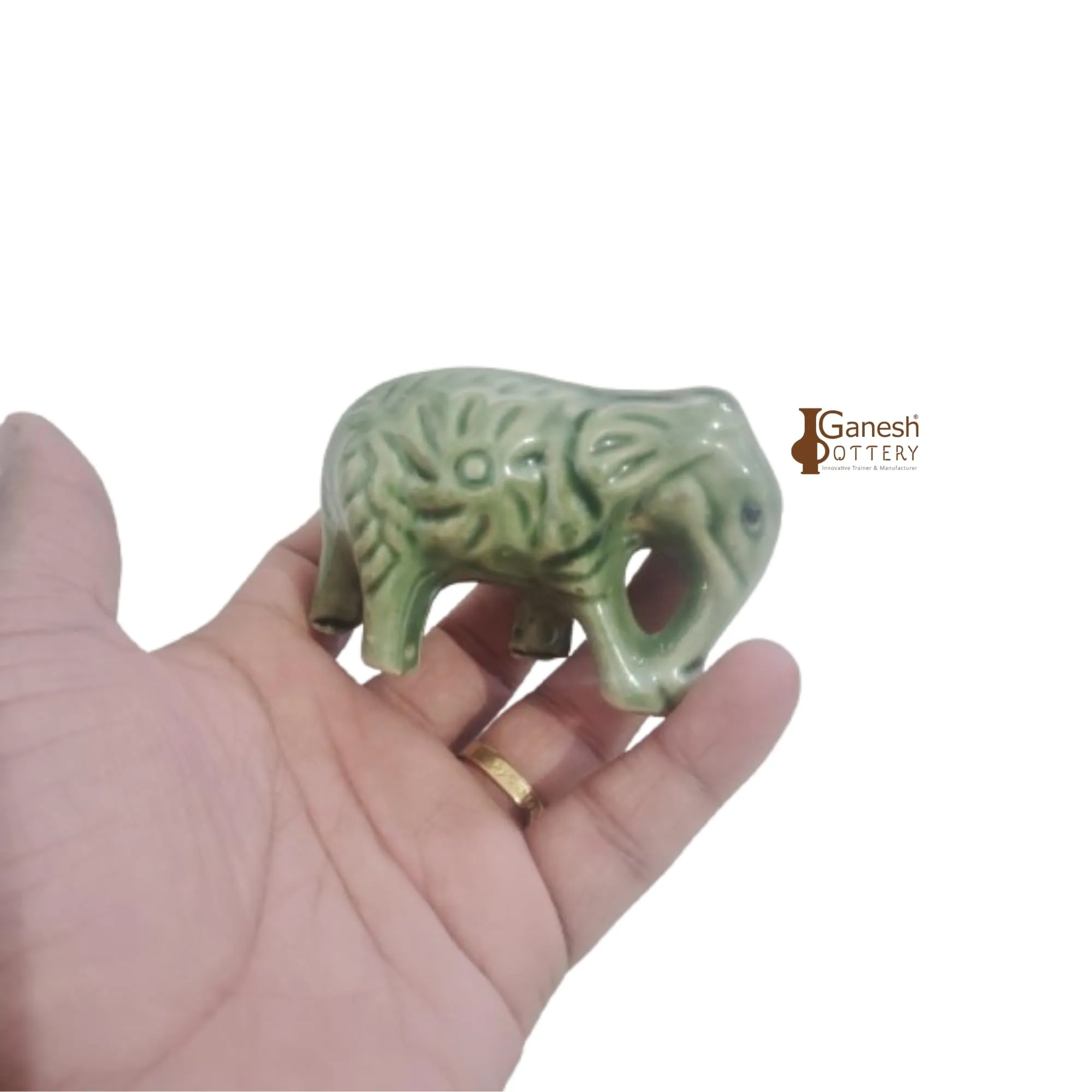 Ganesh Pottery Ceramic Clay mitti Elephant/Hathi for Showpiece Idols for Home Decor and Gift Mutlipurpose, Miniature Elephant (8cm, Green)