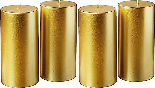 Harmonious Flames of Enduring Beauty: Luxurious Pack of 4 Artisanal Gold-Coated Pillar Candles, Handcrafted to Perfection for a Captivating Glow That Enthralls Your Senses and Enlivens Your Space