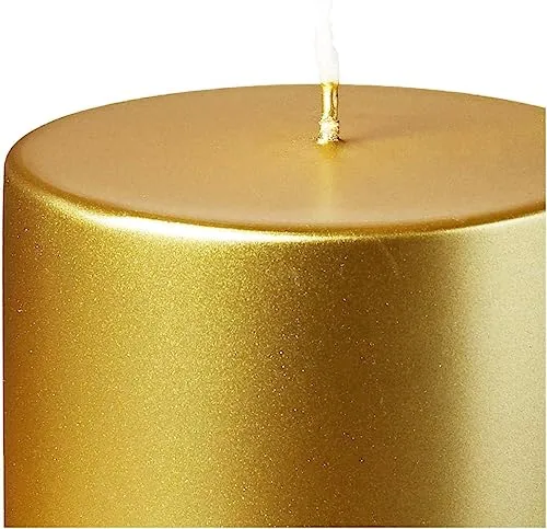 Harmonious Flames of Enduring Beauty: Luxurious Pack of 4 Artisanal Gold-Coated Pillar Candles, Handcrafted to Perfection for a Captivating Glow That Enthralls Your Senses and Enlivens Your Space