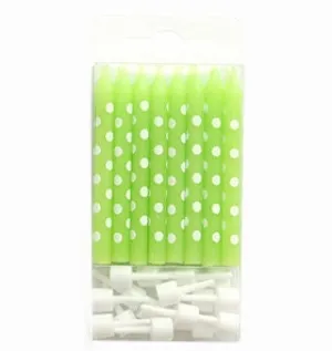 Lime Green Birthday Candles with White Polka Dots, 16 Birthday Candles with Holders, Perfect for a green theme birthday party