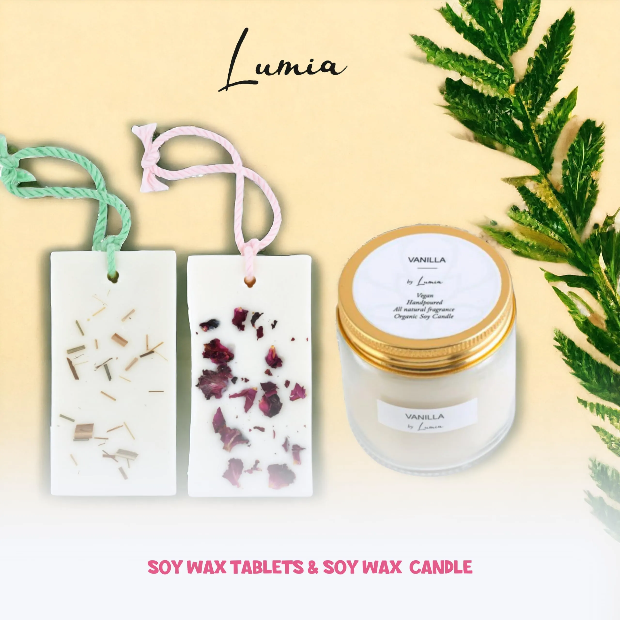 LUMIA Set of 2 Organic Scented Soy Wax Tablets | 1 Scented Soy Wax Candle | Aromatherapy | Perfect Home Gift | Eco-Friendly | Vegan | Non-Toxic (1 Rose wax & LemonGrass tablet   1 Vanilla Candle)