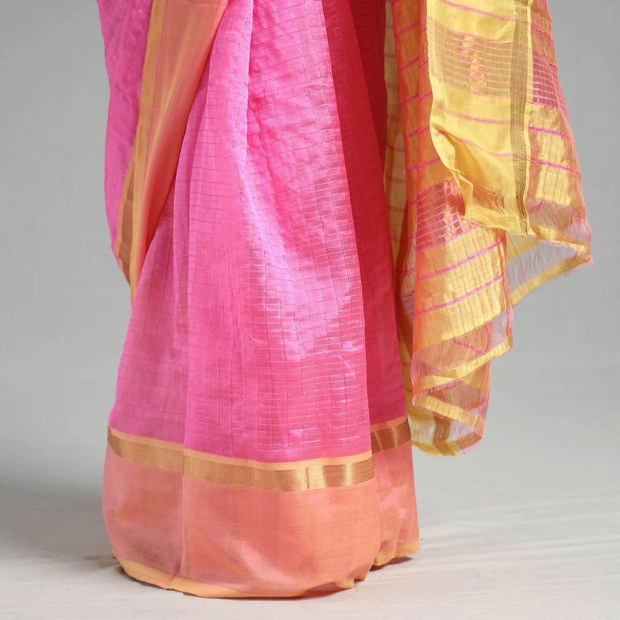 Pink - Mangalagiri Silk Cotton Silver Zari Stripe Handloom Saree