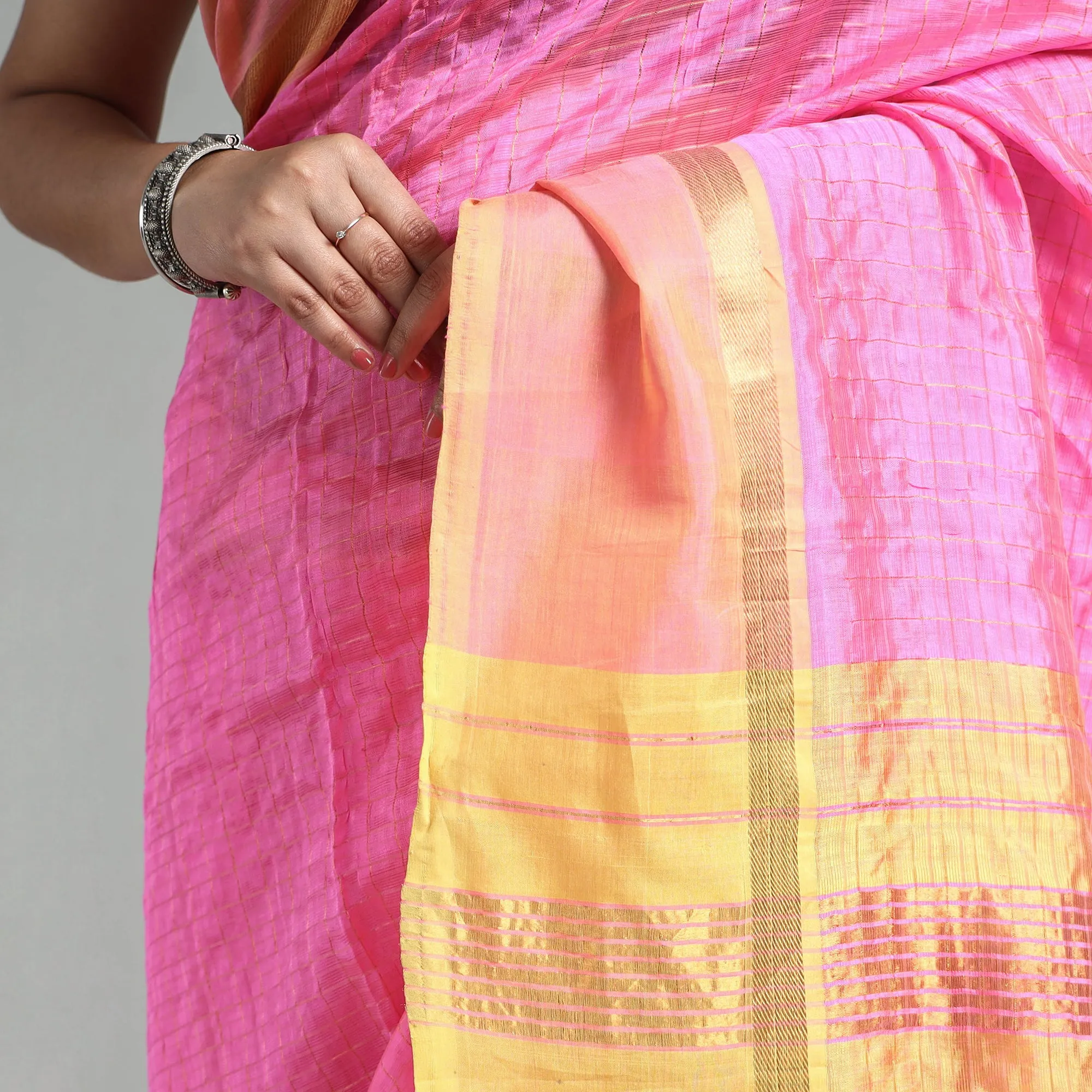 Pink - Mangalagiri Silk Cotton Silver Zari Stripe Handloom Saree