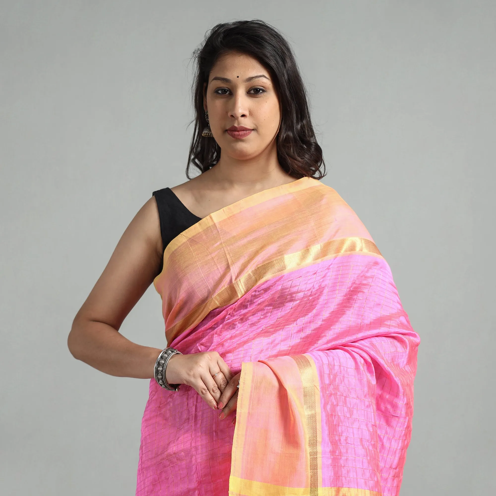 Pink - Mangalagiri Silk Cotton Silver Zari Stripe Handloom Saree