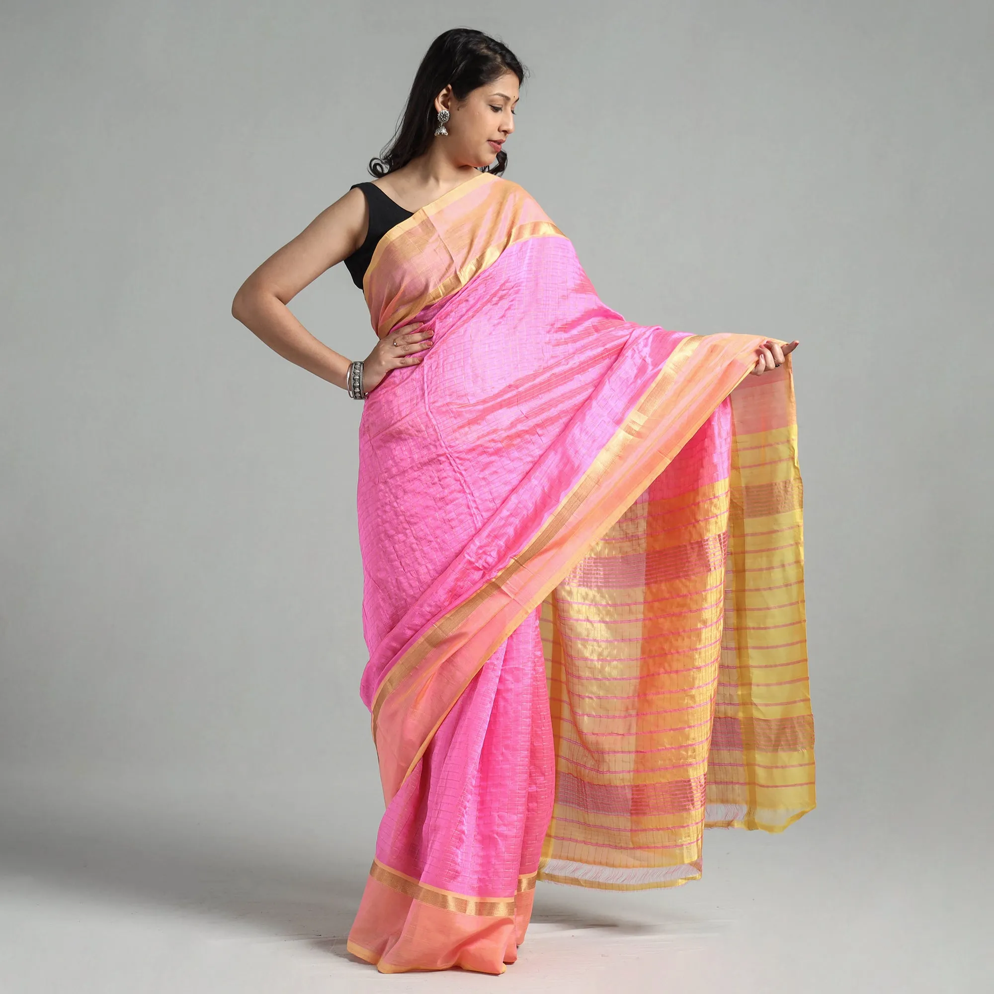 Pink - Mangalagiri Silk Cotton Silver Zari Stripe Handloom Saree