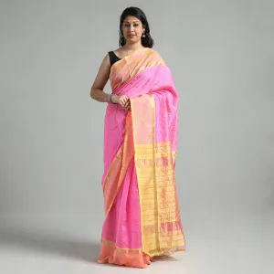 Pink - Mangalagiri Silk Cotton Silver Zari Stripe Handloom Saree