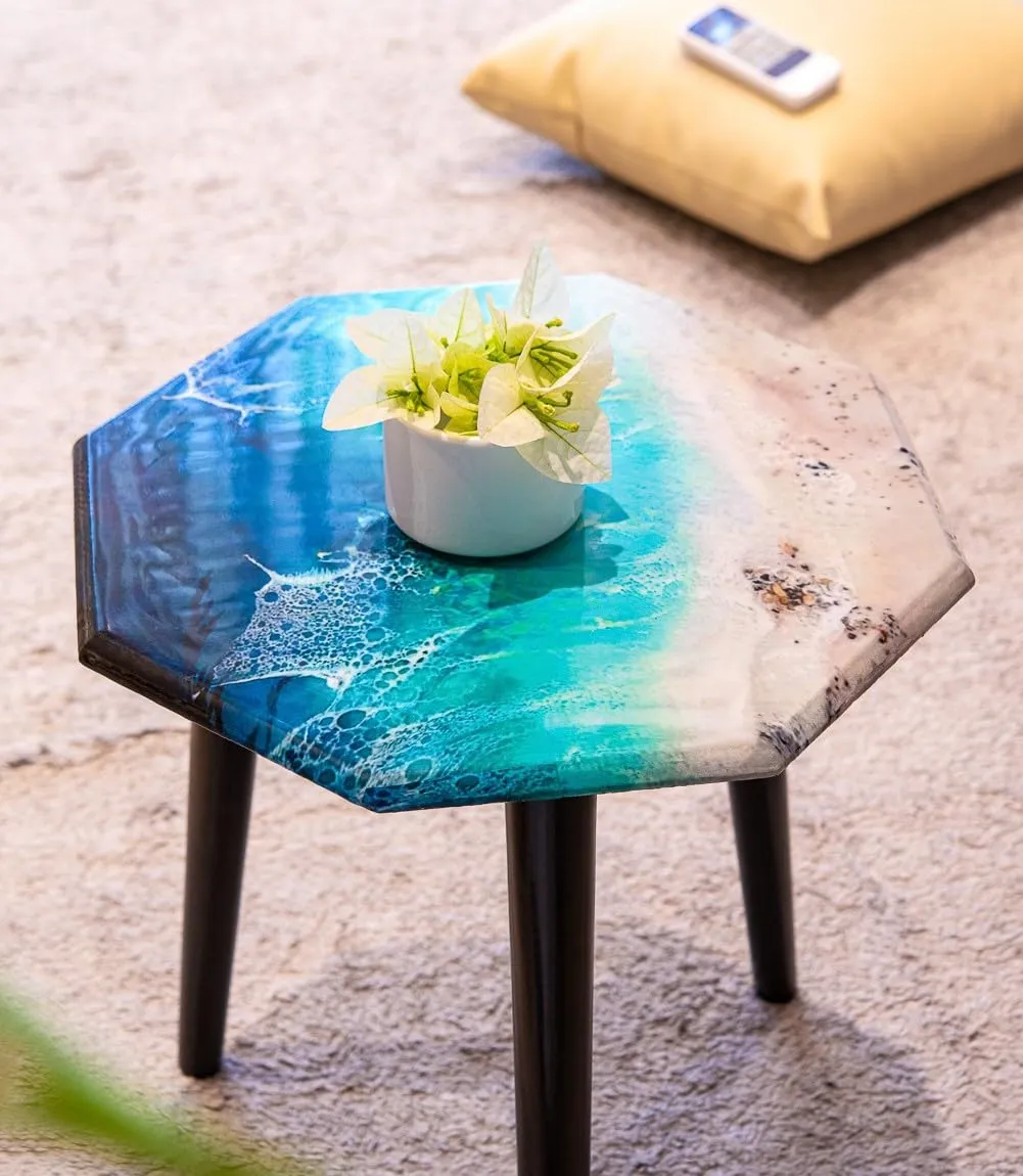 UHUD CRAFTS Blue Sea Shore Design Table | Wooden Side Table for Bedroom & Living Room | Coffee Table & End Table for Your Office & Living Room Decor