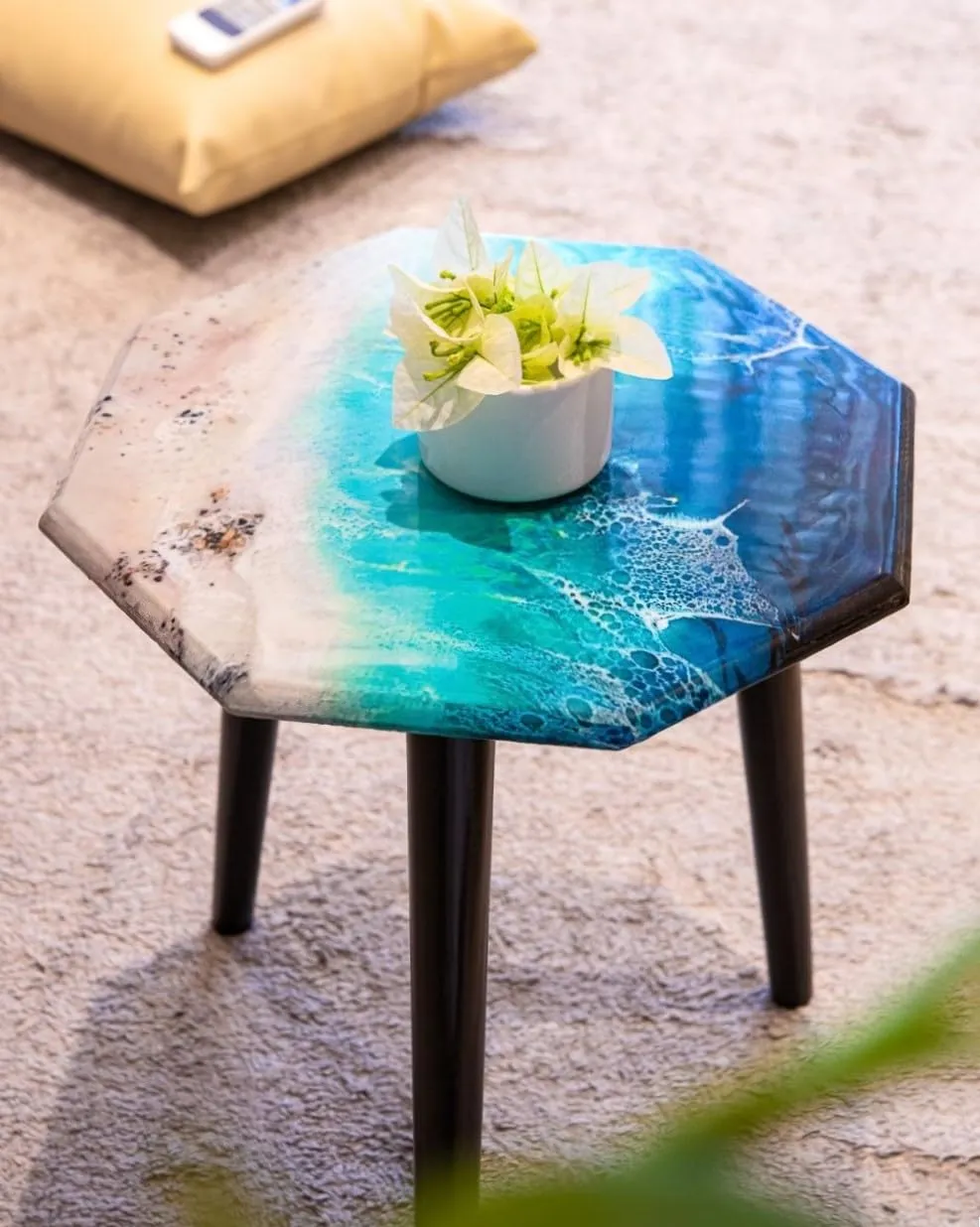 UHUD CRAFTS Blue Sea Shore Design Table | Wooden Side Table for Bedroom & Living Room | Coffee Table & End Table for Your Office & Living Room Decor