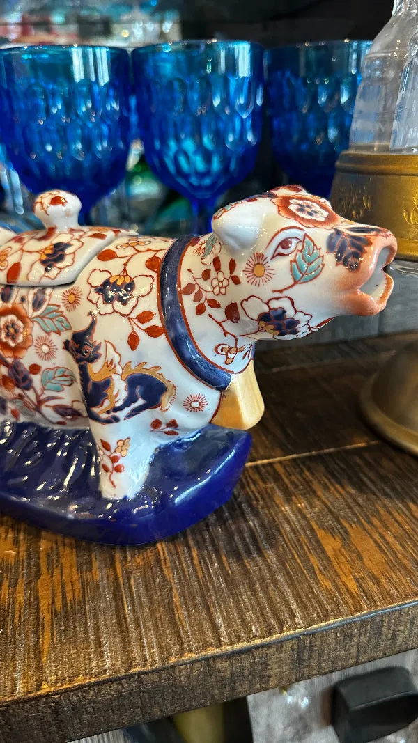 Vintage Cow Creamer, Figurine, Chinese Oriental Imari, Hand Painted and Signed by Artist