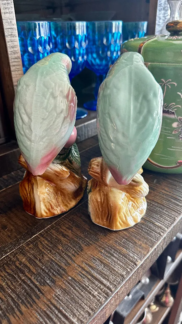 Vintage Parrot Figurines, Pair, Brazil, Pink and Green