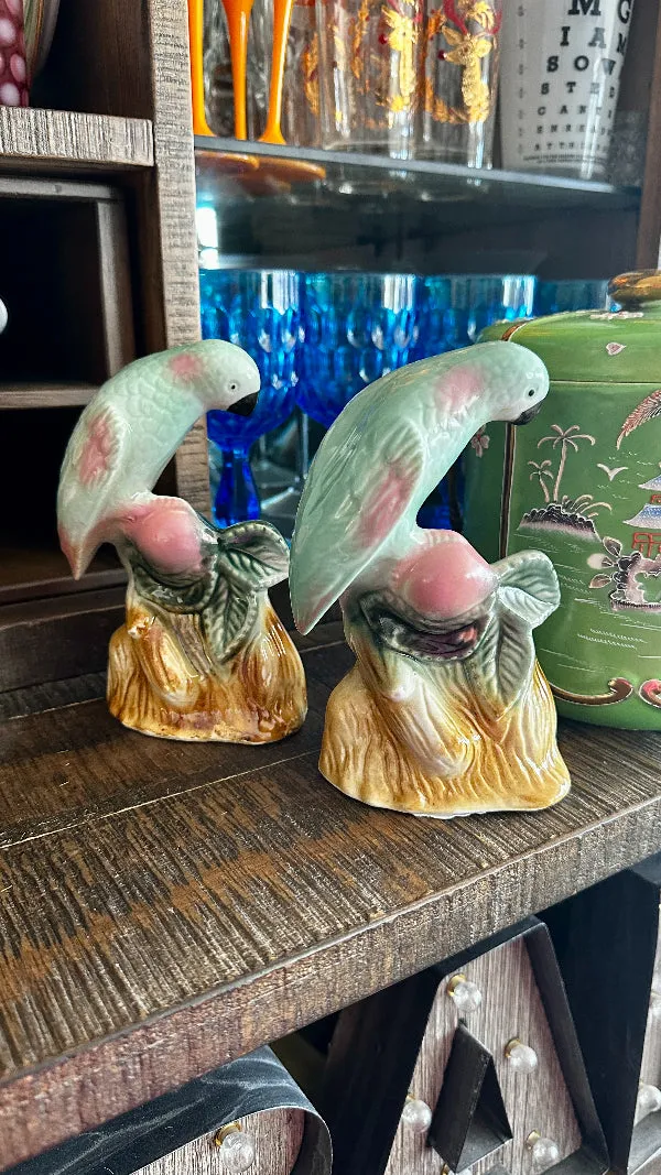 Vintage Parrot Figurines, Pair, Brazil, Pink and Green