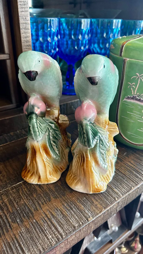 Vintage Parrot Figurines, Pair, Brazil, Pink and Green